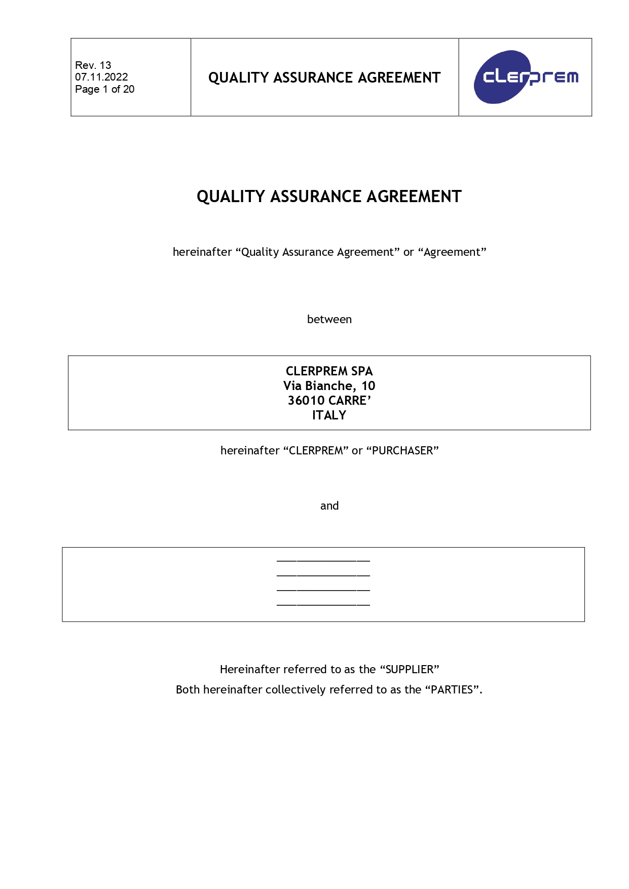 Quality Assurance Agreement Clerprem SpA Rev 13_page-0001
