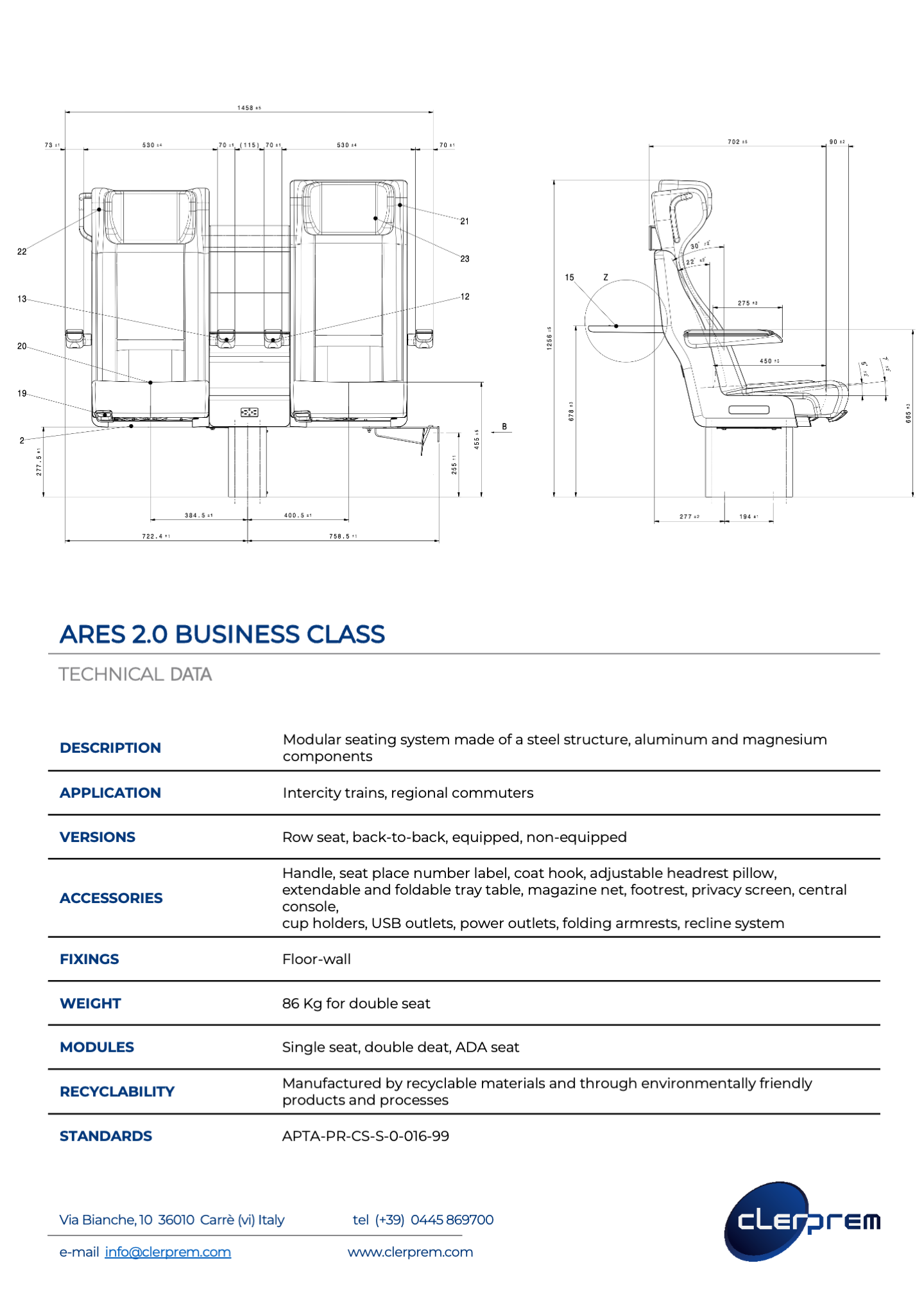 technical details -ares -2.0- railway seating system- technical sheet