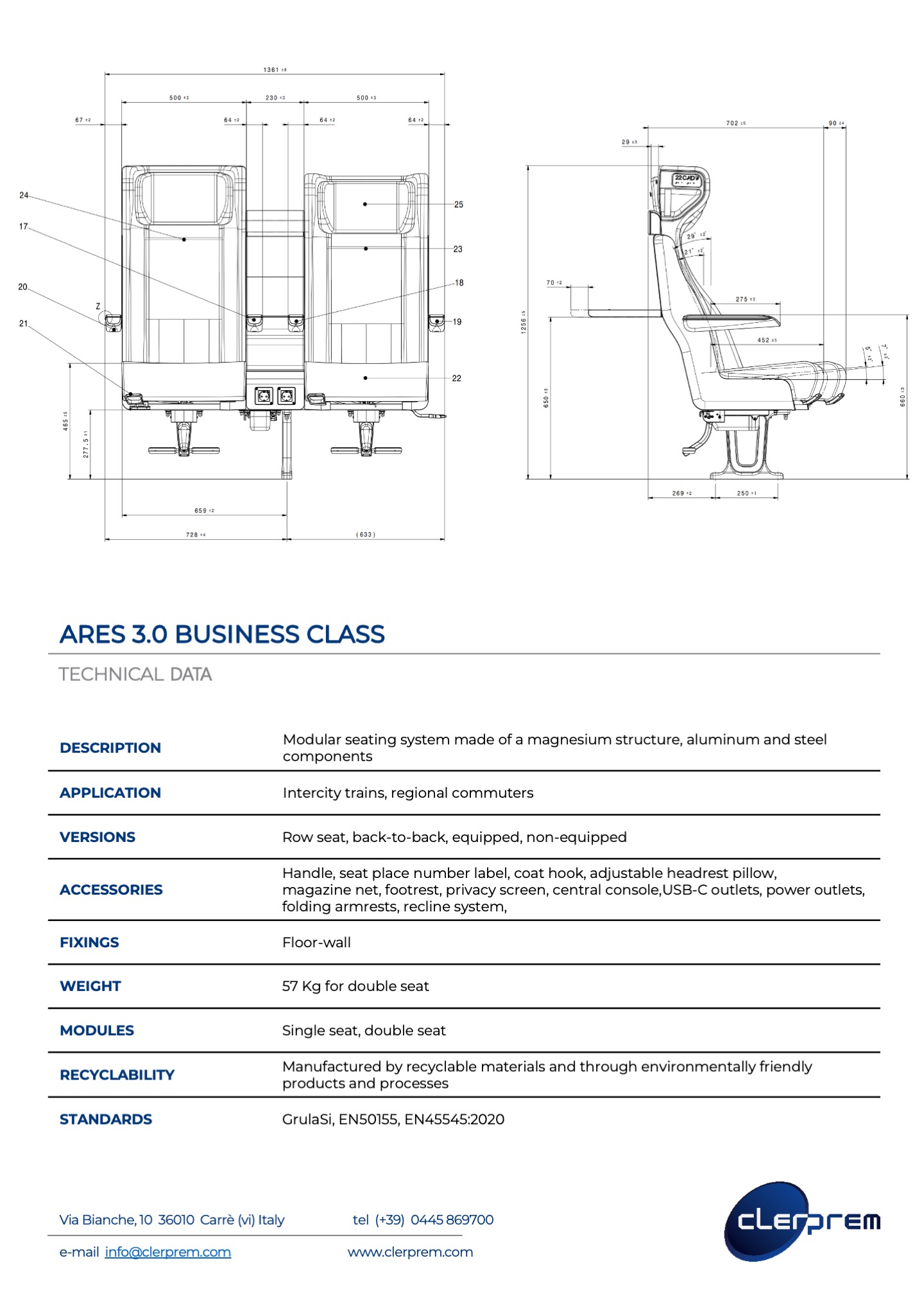 Are 3.0 - business class- high speed train-railway seating system - modular -technical sheet
