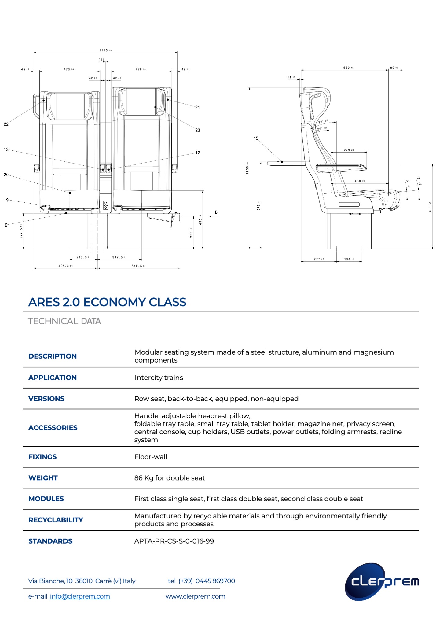 Ares 2.0 -economy class-railway- seating -system -technical sheet