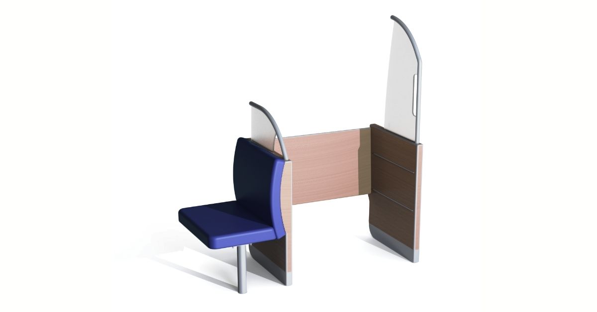 Clerprem Hermes Travel intercity and high speed train luggage storage aisle seat, EN 45545-2, designed for railway seating systems cabin