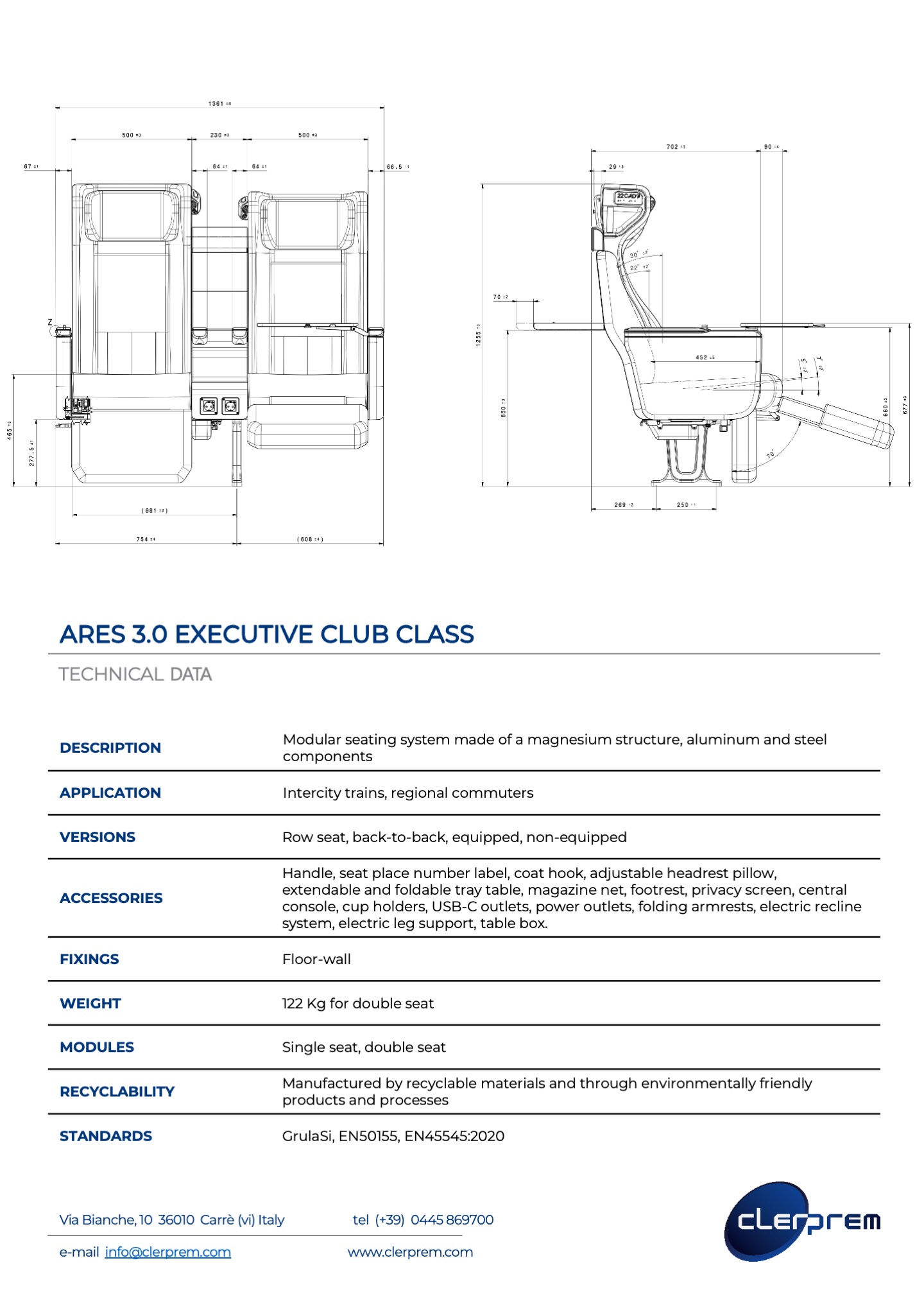 Are 3.0 - club -executive class- high speed train-railway seating system - modular -technical sheet