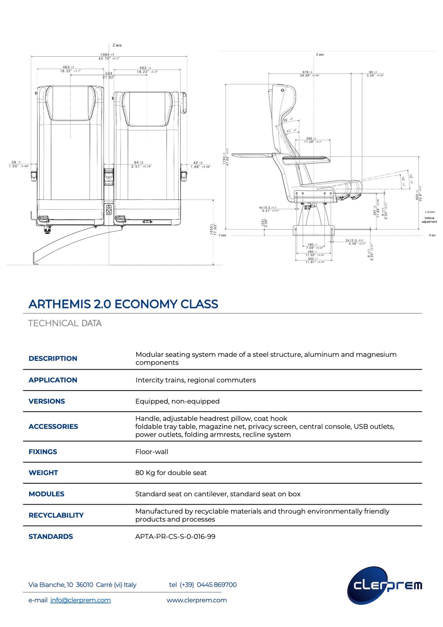 Arthemis 2.0 - economy class- high speed train-railway seating system - modular -technical sheet