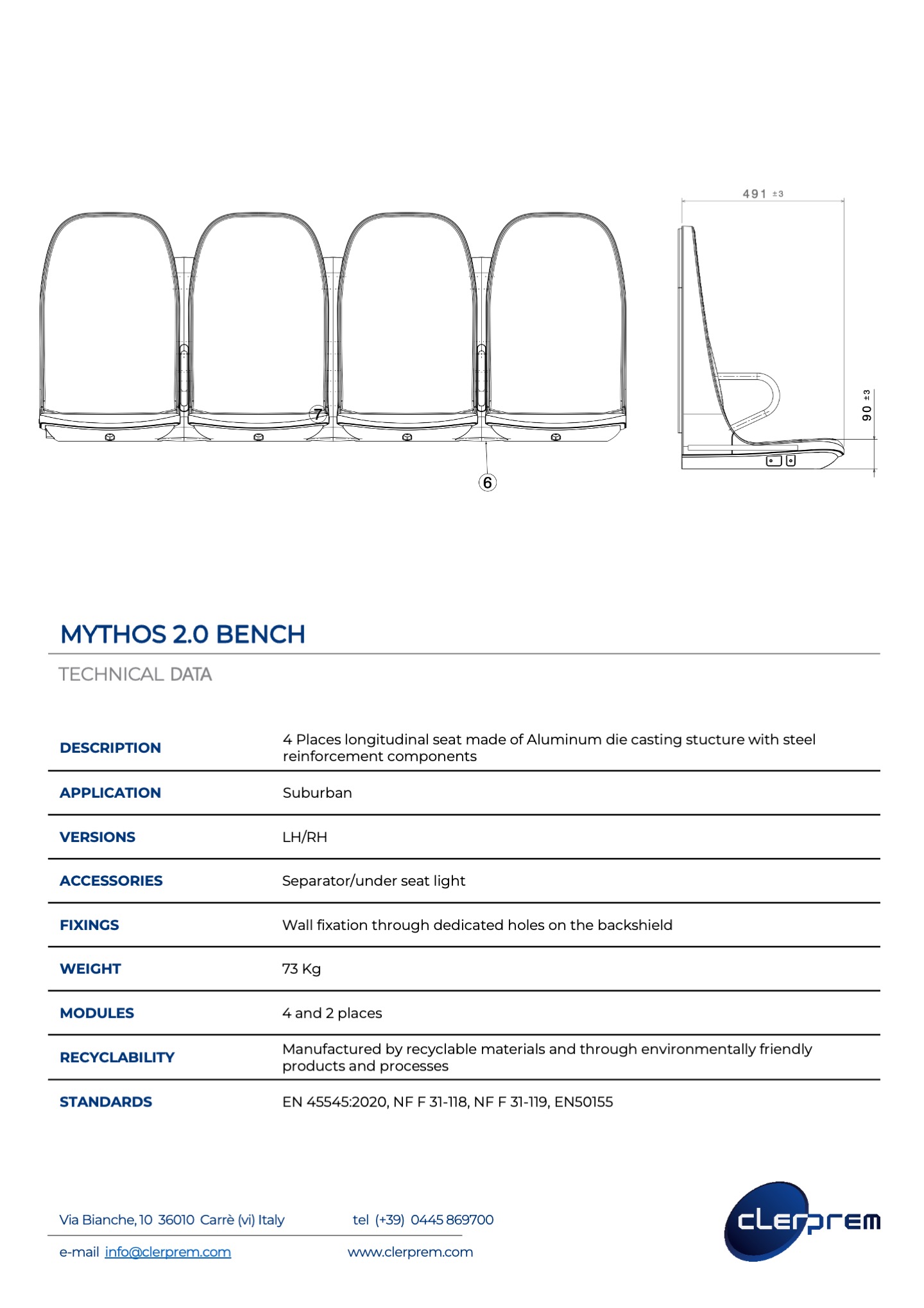 Mythos 2.0 -bench-economy- class- railway seating system - for regional and intercity trains - technical sheet-