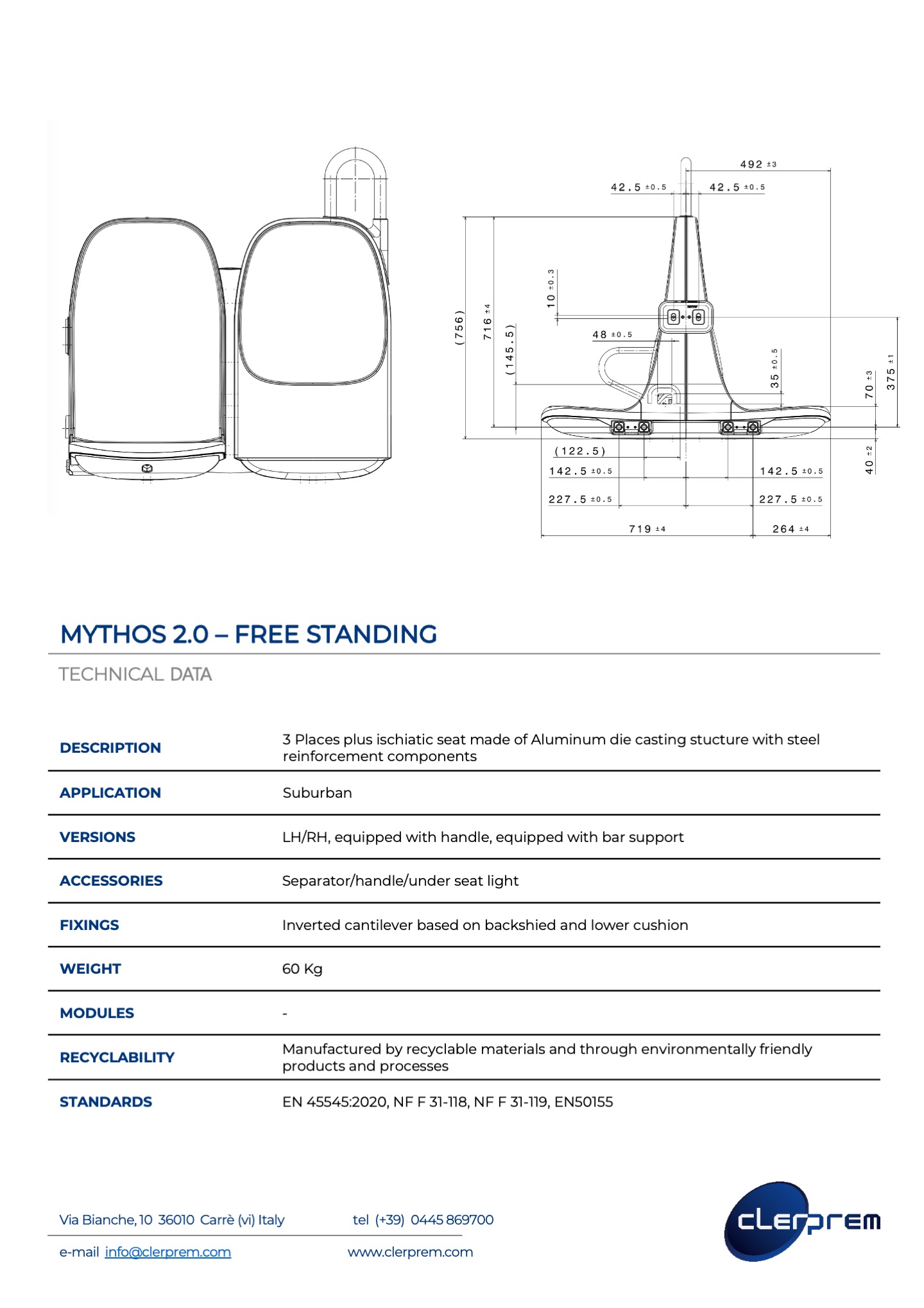Mythos 2.0 -free-standing-economy- class- railway seating system - for regional and intercity trains - technical sheet-